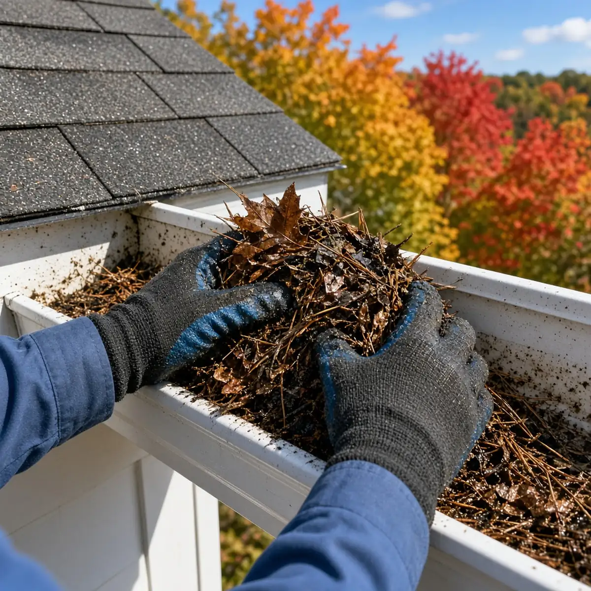 Close view of gloved hands scooping packed pine needles and oak leaves out of a clogged gutter